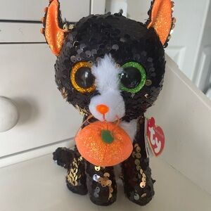 TY Flippables Sequin Plush - JINX the Black Cat with Pumpkin (6 inch) - MWMTs